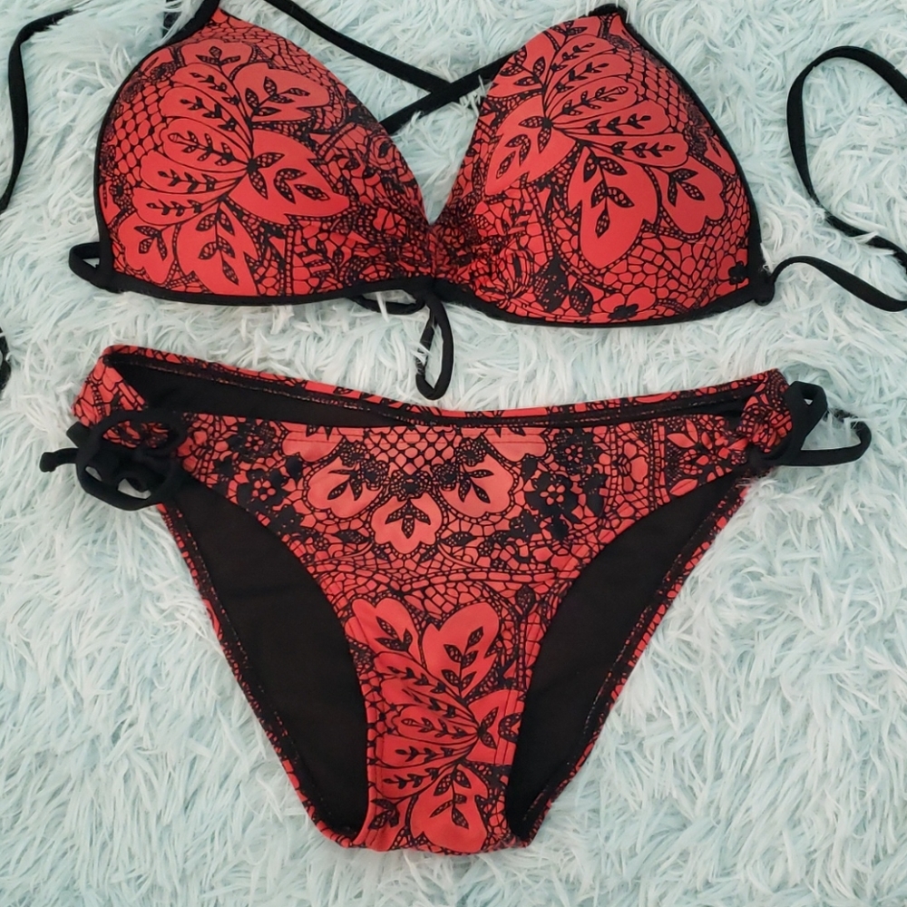 Red and black bikini